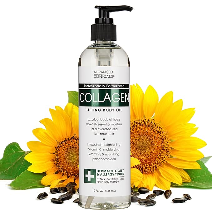 Advanced Clinicals Collagen Body Oil Skin Care Moisturizer W/Vitamin E & Vitamin C - Tightening, Firming, & Hydrating Massage Collagen Oil For Wrinkles, Crepey Skin, & Stretch Marks, 12 Fl Oz