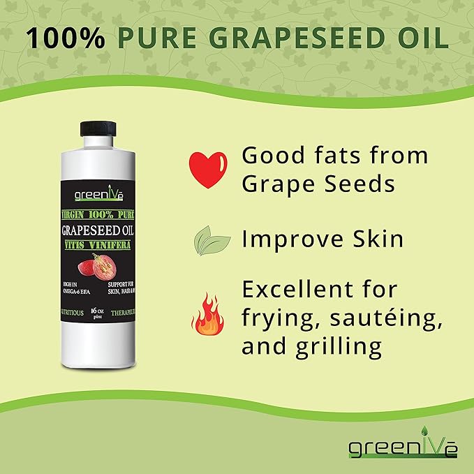 GreenIVe Grapeseed Oil Organically Grown 100% Pure Cold Pressed Light Flavor High Tempurature Cooking 16oz