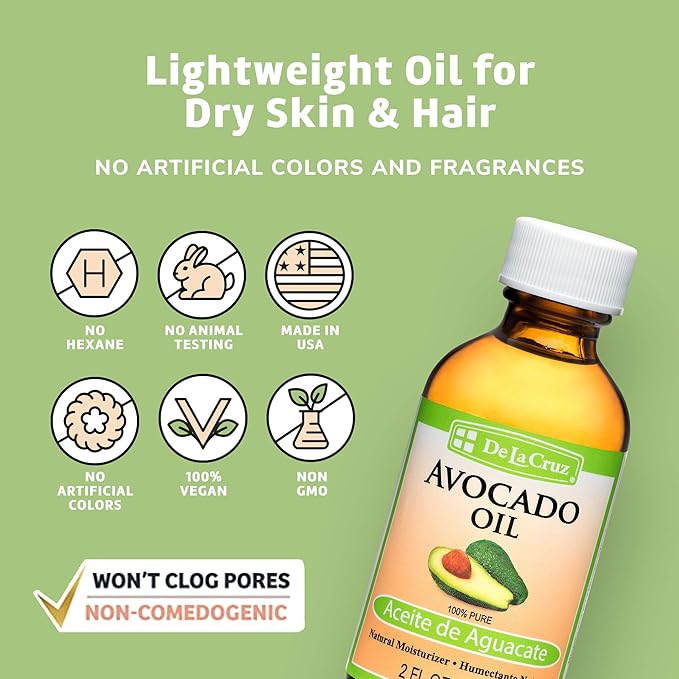 De La Cruz Avocado Oil - Expeller Pressed Pure 100% Avocado Oil for Hair and Body - Lightweight Body Oil for Dry Skin - 2 FL. OZ. (4 Bottles)