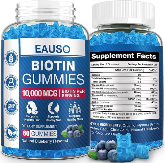 Extra Strength Biotin Gummies 10,000mcg for Stronger Hair, Skin & Nails - 60 Gummies - Vegan, Non-GMO, Health Supplement