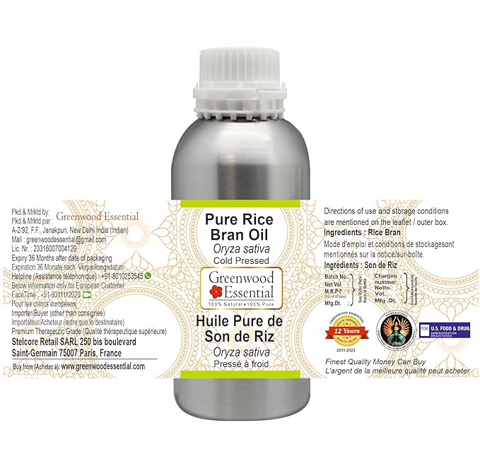 Pure Rice Bran Oil (Oryza Sativa) Cold Pressed 1250ml (42 oz)