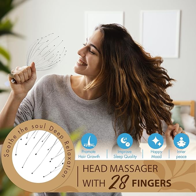 Head Massager 28 Fingers Scalp Massager Head Scratcher, Back Massage Back Scratcher, Stocking Stuffers for Scalp and Body Massage (Black)