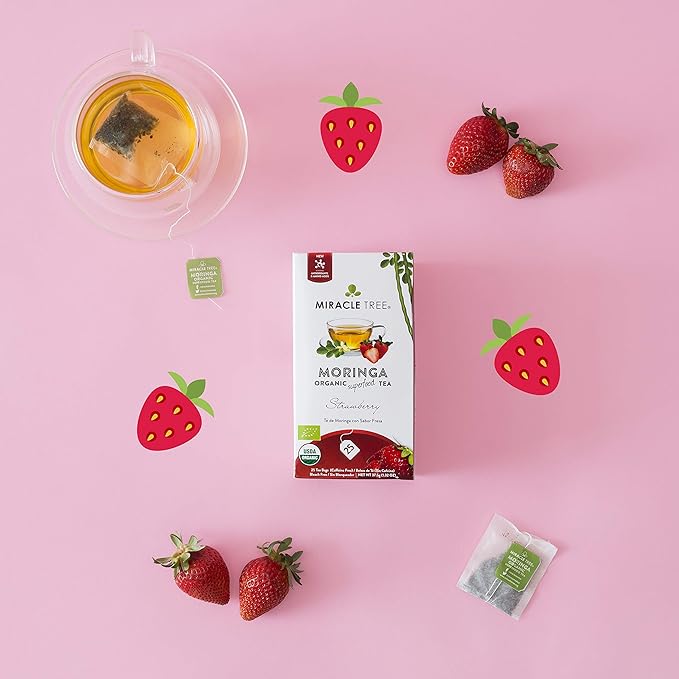 Miracle Tree - 3 Count of Organic Moringa Superfood Tea, 25 Individually Sealed Tea Bags, Strawberry (Keto, Detox, Energy/Immunity Booster, Vegan, Gluten-Free, Organic, Non-GMO, Caffeine-Free)