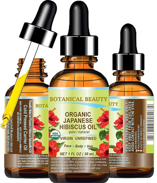 Botanical Beauty Organic HIBISCUS OIL (Hibiscus Sabdariffa) JAPANESE 100 Pure Natural VIRGIN UNREFINED COLD PRESSED Anti Aging, Vitamin E oil for FACE, SKIN, HAIR GROWTH 1 Fl.oz.- 30 ml