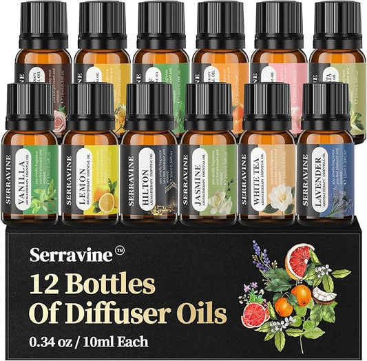 Natural Essential Oils Set, 12 Best Aromatherapy Diffuser Oils with Gift Box & Bag, Essential Oil for Diffusers for Home, Lavender,Lemon,Orange,Vanilla,Jasmine,Rose, Peppermint, White Tea, Freesia