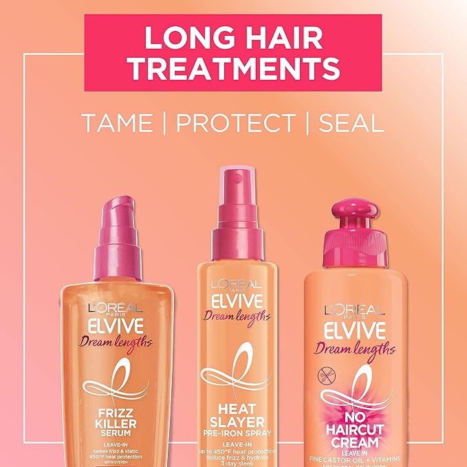 L'Oreal Paris Elvive Dream Lengths Frizz Killer Leave-In Serum With Castor Oil, 3.4 Ounce (Pack of 2)