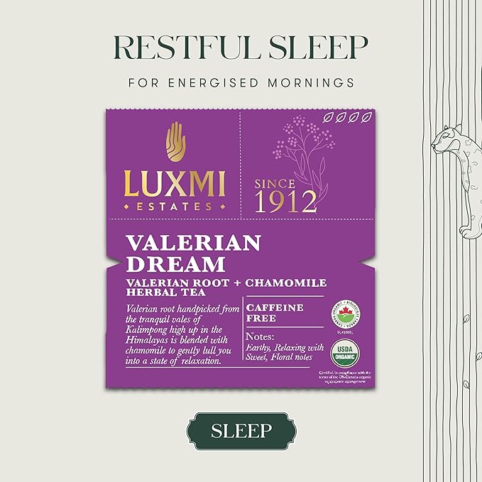 Luxmi Estates - Valerian Dream - Organic Valerian Root Tea for Sleep - 50 Tea Bags | with Valerian Root, Chamomile & Lavender | Perfect Wellness Sleep Tea