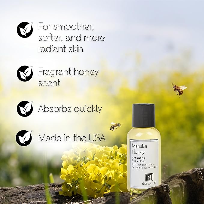 Manuka Honey Body Oil, Travel Size 2.4 oz Moisturize & Nourish with Argan & Coconut Oil - Vitamin C Enriched - Naturally Derived