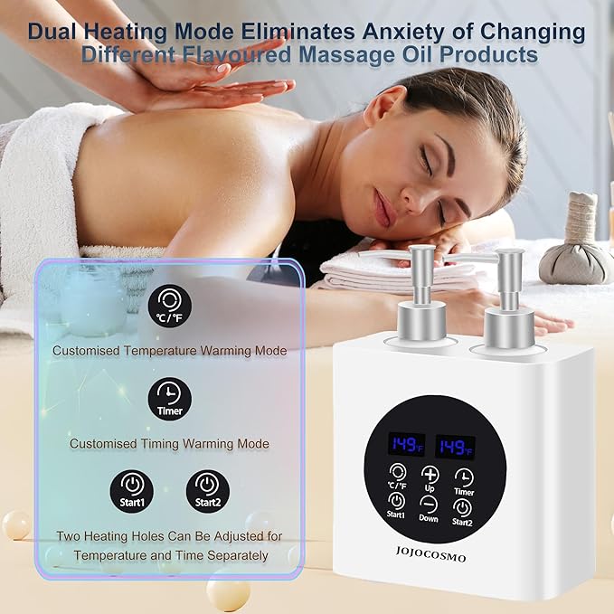 New Dual Control Massage Oil Warmer with Four Body Liquid Bottle Dispensers, Shampoo Heater Form 86 to 149 ℉, Reserve Heating time, for Salon, Home,SPA Essential Oil Lotion Warmer