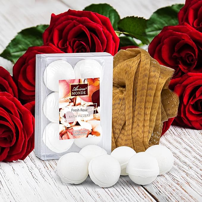 Fresh Rose Scented Spa Gift Set for Him & Her, 10-Piece Collection with Shower Gel, Bubble Bath, Body Lotion, Scrub, Salt, Bombs, Puff, Oil