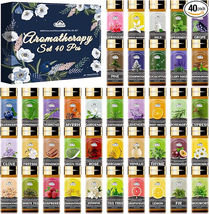 Essential Oil Set, 40 Pcs Aromatherapy Essential Oils for Diffusers for Home, 5ML Fragrance Gift Set for Skin, Soap Making, Massage, Hair Care, DIY Candle and Perfume Making