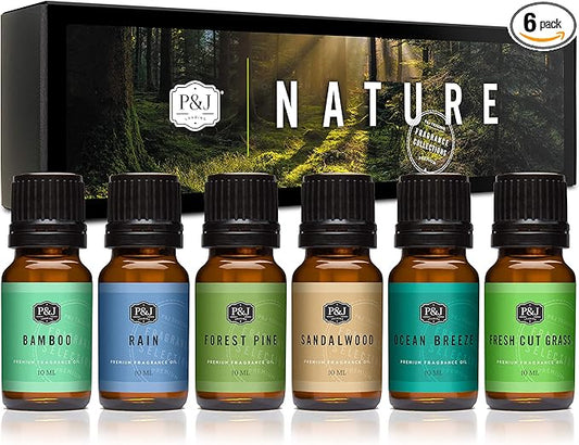P&J Trading Nature Set of 6 Premium Grade Fragrance Oils - Forest Pine, Ocean Breeze, Rain, Fresh Cut Grass, Sandalwood, Bamboo - 10ml