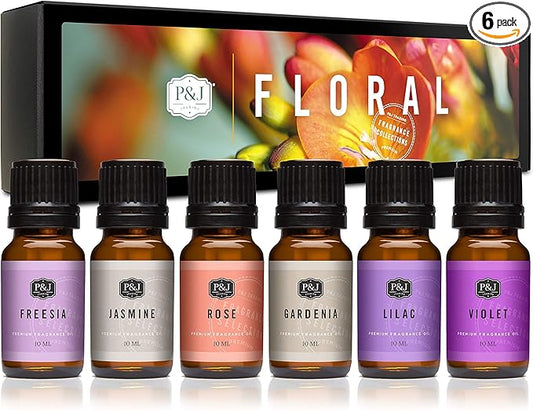 P&J Trading Fragrance Oil Floral Set | Violet, Jasmine, Rose, Lilac, Freesia, and Gardenia Candle Scents for Candle Making, Freshie Scents, Soap Making Supplies, Diffuser Oil Scents