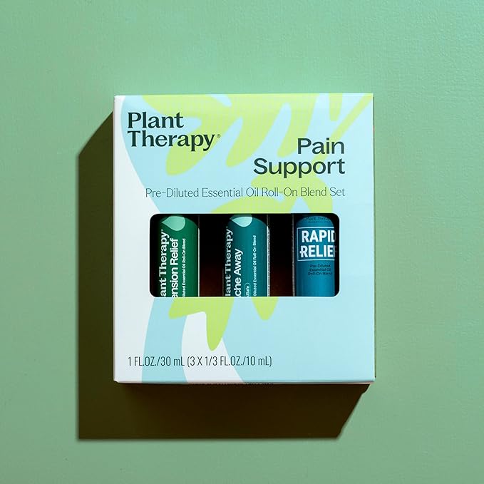 Plant Therapy Pain Support Essential Oil Roll On Blend Set 10 mL (1/3 oz) Each of Ache Away, Rapid Relief & Tension Relief, Pure, Pre-Diluted, Essential Oil Blends