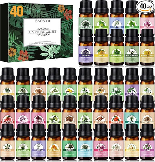 Essential Oils Set - Essential Oils -100% Natural Essential Oils - Perfect for Diffuser, Humidifier,Aromatherapy, Massage,Skin & Hair Care, DIY Candle and Soap Making(40 * 10 ML)