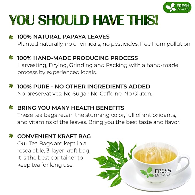 FreshDrinkUS, Premium 75 Papaya Leaf Tea Bags, 100% Natural & Pure from Papaya Leaves. Loose Leaf Papaya Herbal Tea. Made with Natural Material Tea Bags. No Sugar, No Caffeine, No Gluten, Vegan.