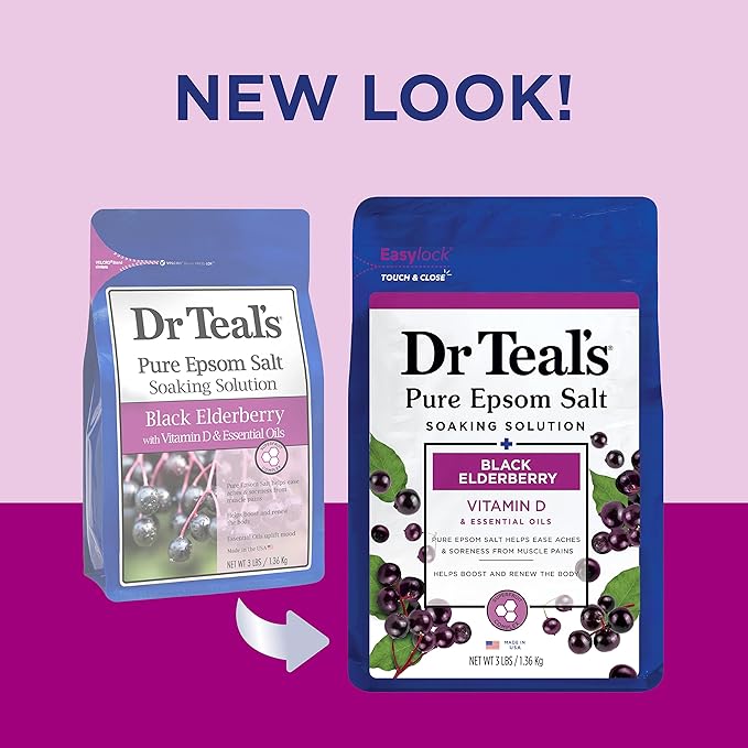 Dr Teal's Foaming Bath with Pure Epsom Salt, Black Elderberry with Vitamin D, 34 fl oz (Pack of 4) (Packaging May Vary) & Pure Epsom Salt Soak, Black Elderberry with Vitamin D, 3 lbs (Pack of 4)
