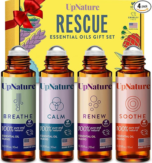 UpNature Essential Oils Roll On Set (Pack of 4) Stress Relief Gift Aromatherapy Oil - Self Care Gifts for Women