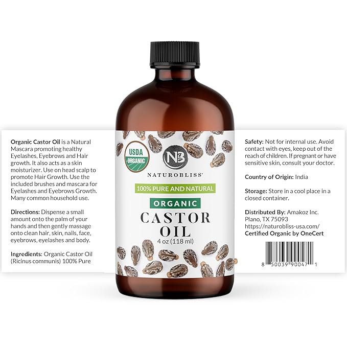 NaturoBliss Castor Oil Organic (4oz), 100% Pure, Cold Pressed, Hexane Free. Volumizing Serum for Hair, Eyelashes, Eyebrows. Hair Treatment Starter Kit & Skin Moisturizer