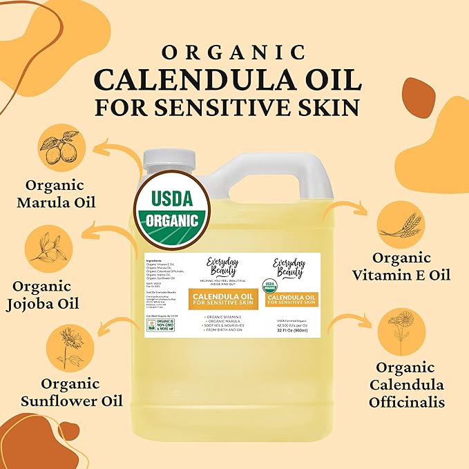 Organic Calendula Oil For Sensitive Skin -Bulk 32 Fl Oz- USDA Organic Certified 100% All Natural Plant Based, Lightweight & Unscented Gentle Soothing Oil For Sensitive Skin - For Face, Skin & All Over