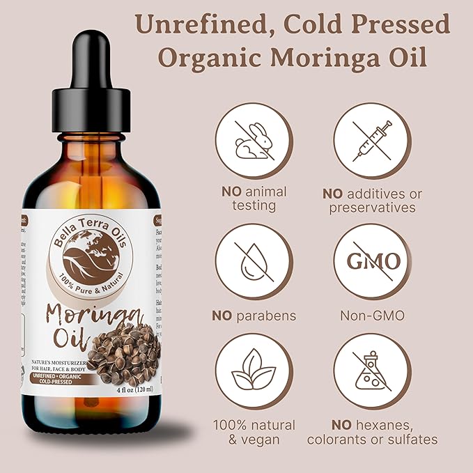 Bella Terra Oils - Organic Moringa Seed Oil 2oz - A Blend of Nature's Best, High in Oleic Acid & Vitamin E, For a Touch of Luxurious Smoothness