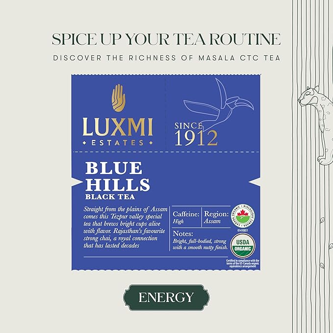 Luxmi Estates - Blue Hills - Organic CTC Assam Black Tea - 25 Tea Bags | Jodhpur Blend - Rajasthan's Favorite Chai | Strong Cup of Original Indian Chai Tea - No Spices