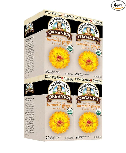 Newman’s Own Organic Turmeric Ginger Herbal Tea Caffeine-Free May Aid Digestion and Boost Immunity Turmeric Tea with20 Individually Wrapped Tea Bags Per Box (Pack of 4) USDA Certified