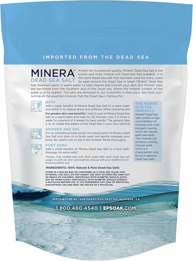 Minera Dead Sea Salt, 100% Pure & Natural, 10 lbs. Fine Grain (0-1.7 mm) Bulk Bag, Easily Dissolving Dead Sea Salts for Soaking & Bathing, Skin Nourishing Fine Sea Salt, Unscented