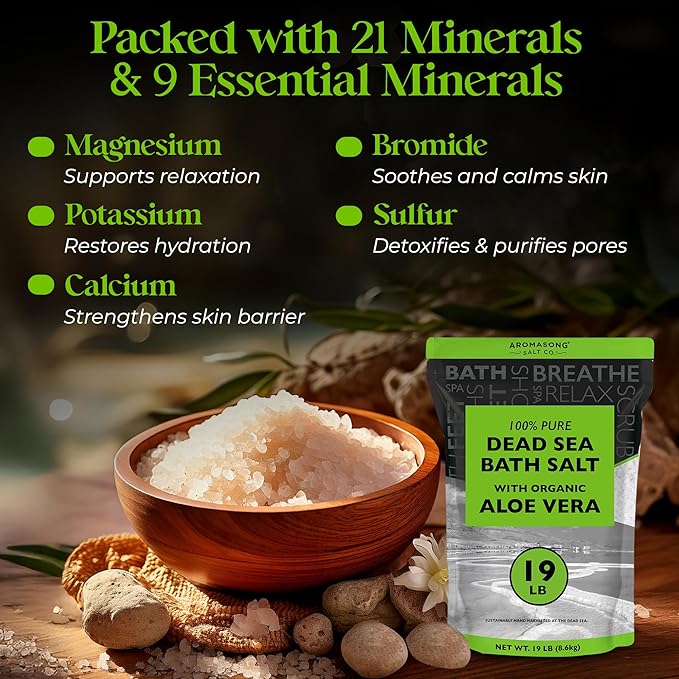 Dead Sea Salt with Organic Aloe Vera, Spa Bath Salts, 19 Lbs Fine Bulk resealable Pack, 100% Pure & Natural, Soak for Women & Men for Tired Muscles & Skin Issues (Packaging May Vary)