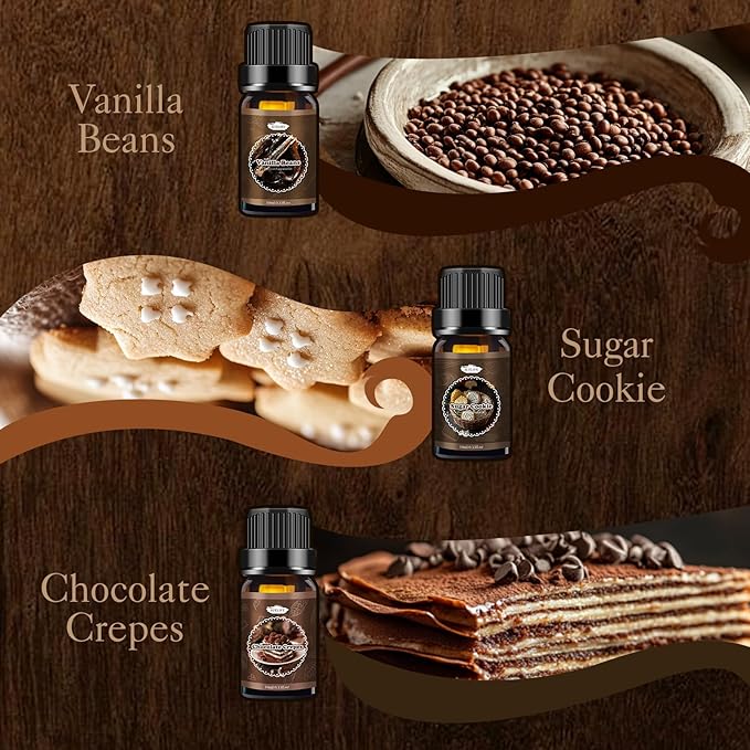 Bakery Essential Oils Set, Fragrance Oil for Diffusers for home, Candle Making, Aromatherapy Scented Oils Gift for Mom, Women - Vanilla Bean, Cookies, Chocolate Crepes, Cupcakes, Cinnamon Rolls, Bread