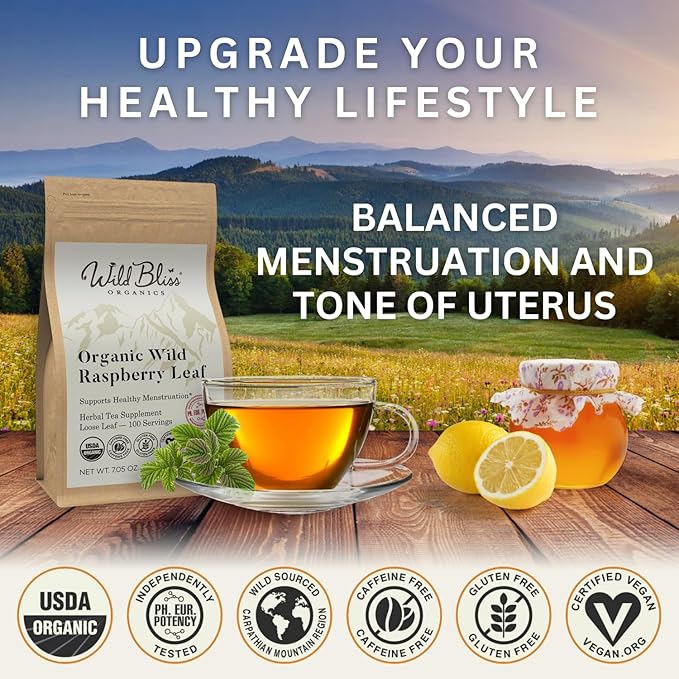 Wild Bliss Organic Red Raspberry Leaf Tea Pregnancy and Menstrual Support - Loose Leaf Herbal Tea - 7 Ounces - 100 Servings