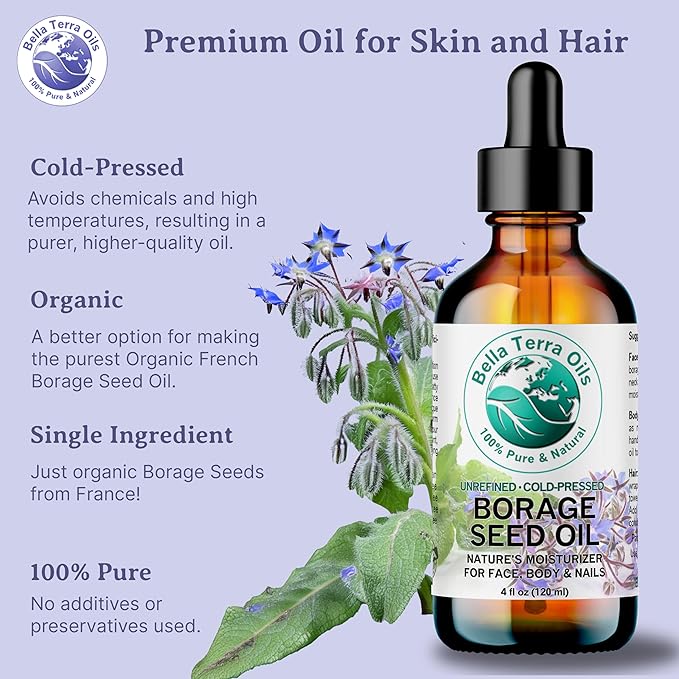 Bella Terra Oils - Organic Borage Seed Oil 4 oz - Rich in GLA, Pure & Untouched, Abundant in Omega-6 Fatty Acids, Elevate Skin's Natural Radiance & Softness