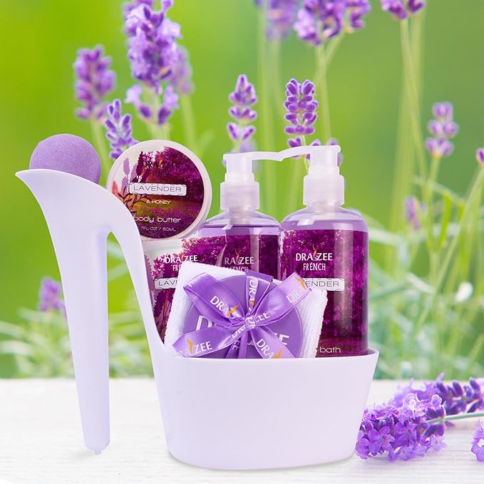 Draizee Mothers Day Gifts for Mom, 8 Pcs Luxury Lavender Scented Heel Shoe Design Bath and Body Spa Set-Self Care Package for Women, Spa Gift Baskets for Women, Presents for Mom, Body Care Set for Her