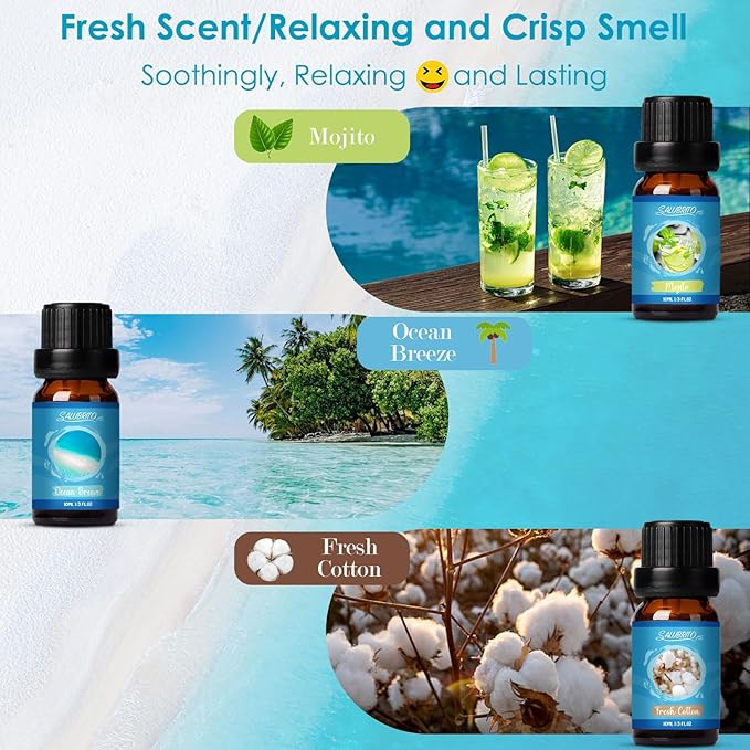 SALUBRITO Summer Fragrance Oils Set, Premium Essential Oils Set for Diffuser, Candle, Soap Making, Fresh Cotton, Coconut, Mojito, Pineapple, Ocean Breeze, Pink Island, Strong Scented Oils