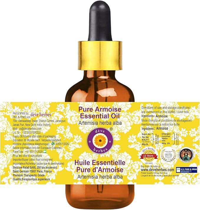 Deve Herbes Pure Armoise Essential Oil (Artemisia herba alba) with Glass Dropper Steam Distilled 15ml (0.50 oz)