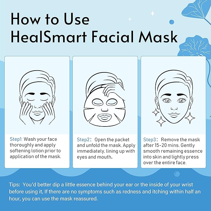HealSmart 10 Pack Facial Mask 72 Hour Moisturizing and Soothing Face Mask Sheet Improve Skin Clarity and Radiance, for All Skin Types, High Capacity, Made in Korea