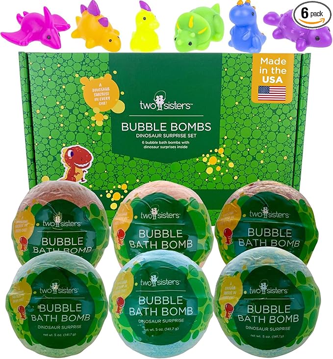Dinosaur Bath Bombs for Kids with Surprise Dino Toys Inside (6 Pack) - Large Bubble Bath Bombs, Gentle and Safe, Made in USA, Gift Ideas for Boys, Girls and Teens by Two Sisters