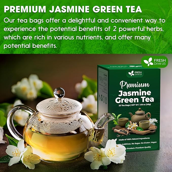 FreshDrinkUS, Premium 20 Tea Bags of Jasmine Green Tea, 100% Natural. Exquisite Flavor, Handpicked Leaves, Perfect for Tea Lovers. No Sugar, No Gluten, Vegan.