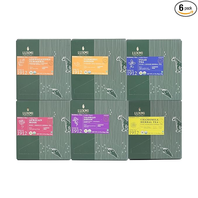 Luxmi Estates - Organic Herbal Tea Assortment Pack of 6-90 Tea Bags - USDA Organic, Non-GMO, All Natural