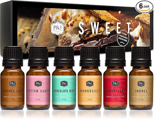 P&J Fragrance Oil Sweet Set | Chocolate Mint, Cotton Candy, Candy Cane, Caramel Corn, Orangesicle, and Smores Candle Scents for Making, Freshie Scents, Soap Making Supplies, Diffuser