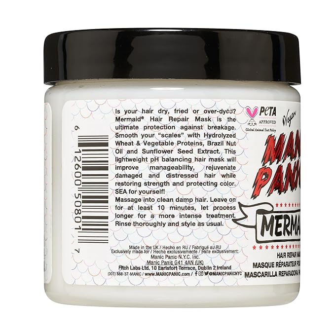 MANIC PANIC Mermaid Mask - pH Balanced Hair Treatment for Dry Damaged Hair Formulated with Hydrolyzed Wheat, Vegetable Proteins, Sunflower Seed + Brazil Nut Oil - Vegan, Unscented Hair Care (4oz)