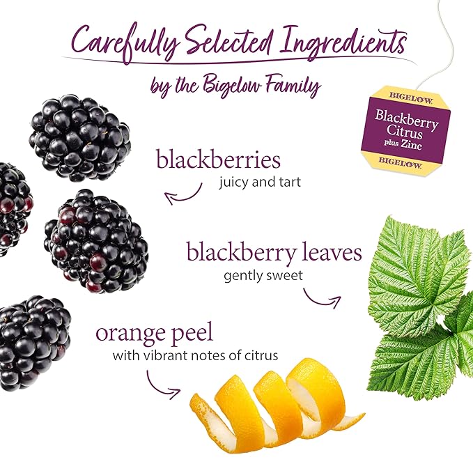 Bigelow Tea Blackberry Citrus Plus Zinc Herbal Tea, Caffeine Free Tea with Blackberry, 18 Count Box (Pack of 6), 108 Total Tea Bags