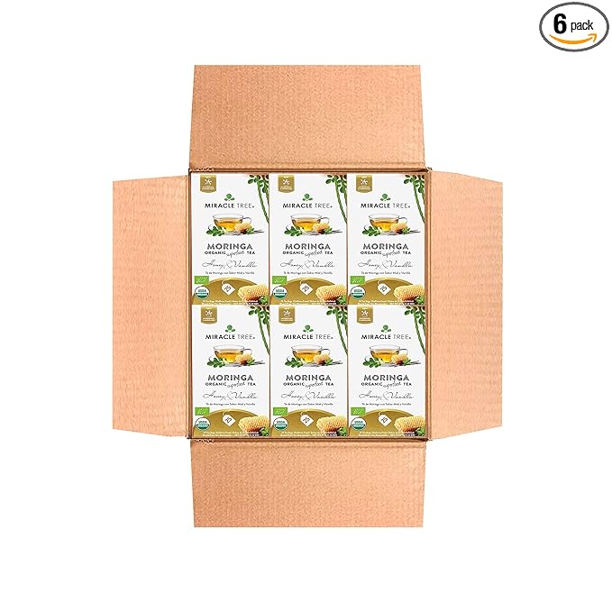Miracle Tree - 6 Count of Organic Moringa Superfood Tea, 25 Individually Sealed Tea Bags, Honey & Vanilla (Keto, Detox, Energy/Immunity Booster, Vegan, Gluten-Free, Organic, Non-GMO, Caffeine-Free)