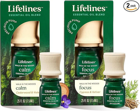 Lifelines Essential Oil Blends, 2-Pack - Blended Essential Oils with Mess-Free Precision Pump for Aromatherapy Diffusers - Long-Lasting Scented Fragrance - Walk in The Woods (Calm & Focus)