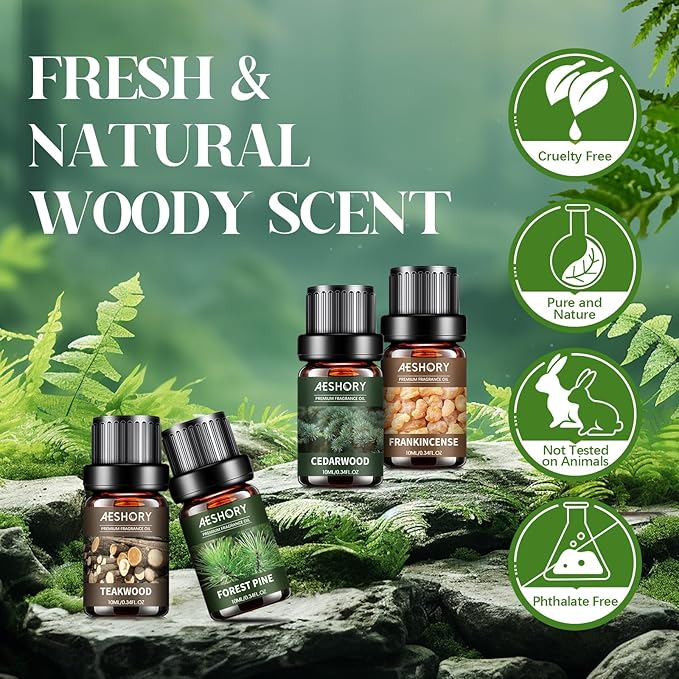 Woody Essential Oils Set - 6x10ML Woody Scents Fragrance Oil for Candle Making, Diffuser - Teakwood, Sandalwood, Cedarwood, Cyperss, Forest Pine, Frankincense Aromatherapy Oils