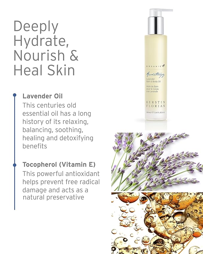 Kerstin Florian Organic Lavender Body Oil | Nutrient-Rich Moisturizer with Vitamin E, Coconut & Jojoba Oils | Natural Essential Oils for Relaxation & Massage | 3.4 fl oz