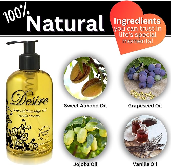 Desire Sensual Massage Oil for Date Night | Best Massage Oil for Couples | All Natural with Sweet Almond, Grapeseed & Jojoba for Smooth Glide & Moisturized Skin 8oz
