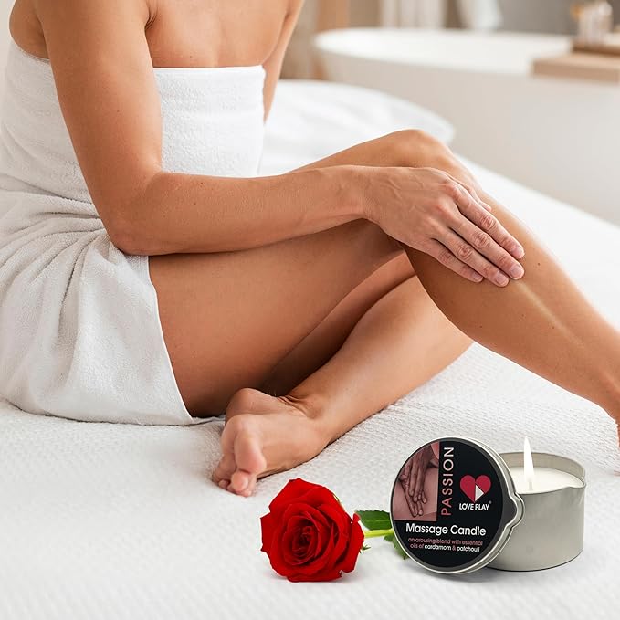 LOVE PLAY Massage Oil Candle for Pure Relaxation and Home SPA - Vegan Moisturizing Body Oil - Hydrating Skin Care with Essential Oils (6.76oz)