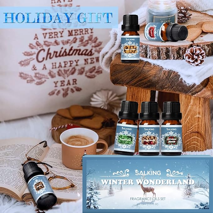 SALKING Winter Set of Scented Oils, Premium Fragrance Essential Oils Gift Set for Diffuser, Soap & Candle Making Scents - Cinnamon, Christmas Wreath, Sugar Cookie, Cranberry, Peppermint, Gingerbread