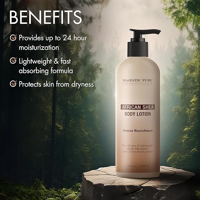 Majestic Pure African Shea Body Lotion with Aloe Leaf Extracts | Nourishing & Moisturizing | Quick Absorbing, Lightweight & Non Greasy | For All Skin Types | For Women & Men | 16fl oz